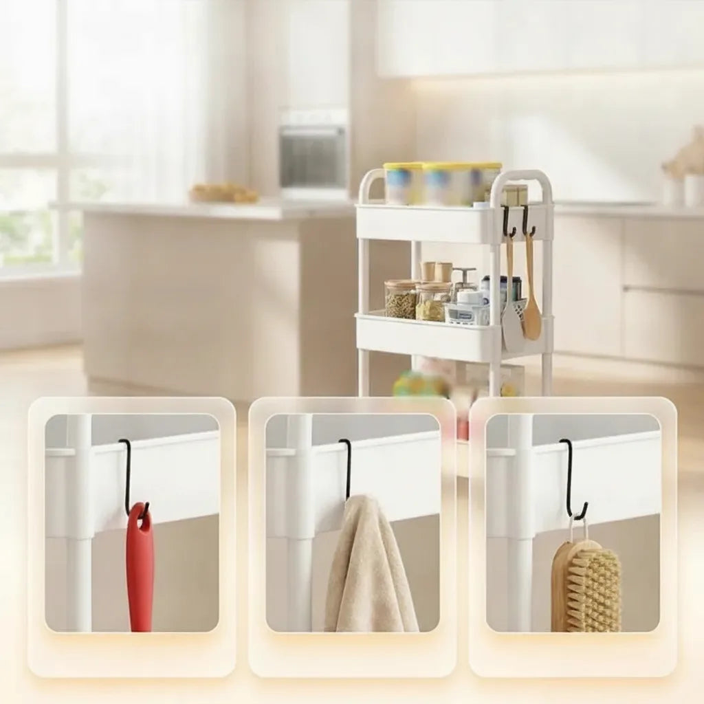 Mobile organiser trolley with 360° castors and multiple tiers