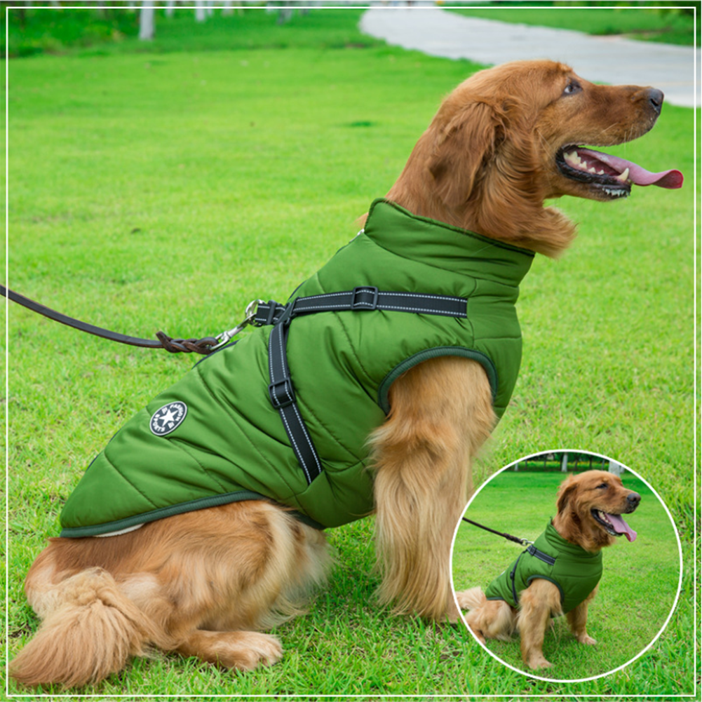 Waterproof winter dog jacket with integrated harness