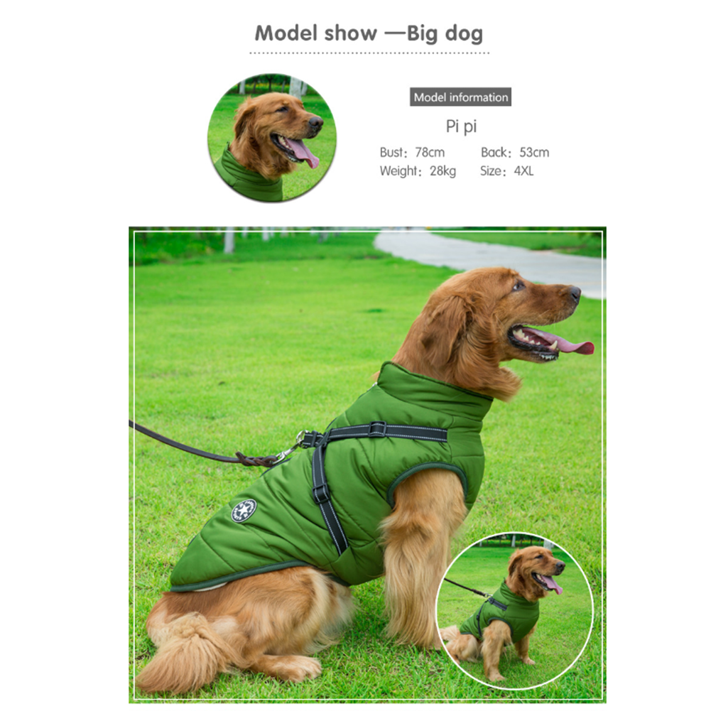 Waterproof winter dog jacket with integrated harness