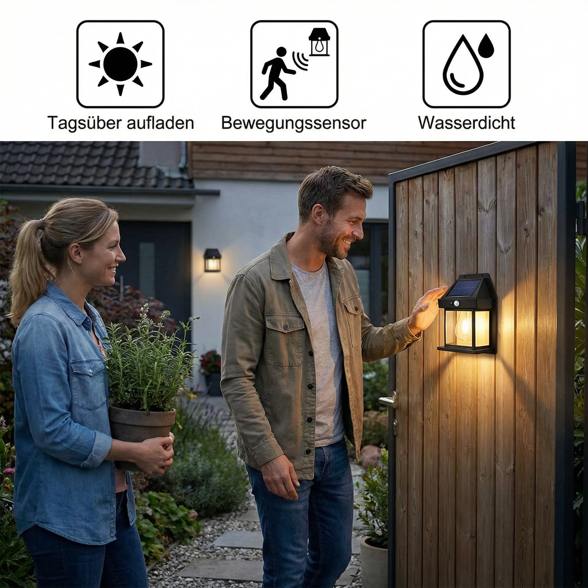 Solar LED wall light with motion sensor for garden and fence