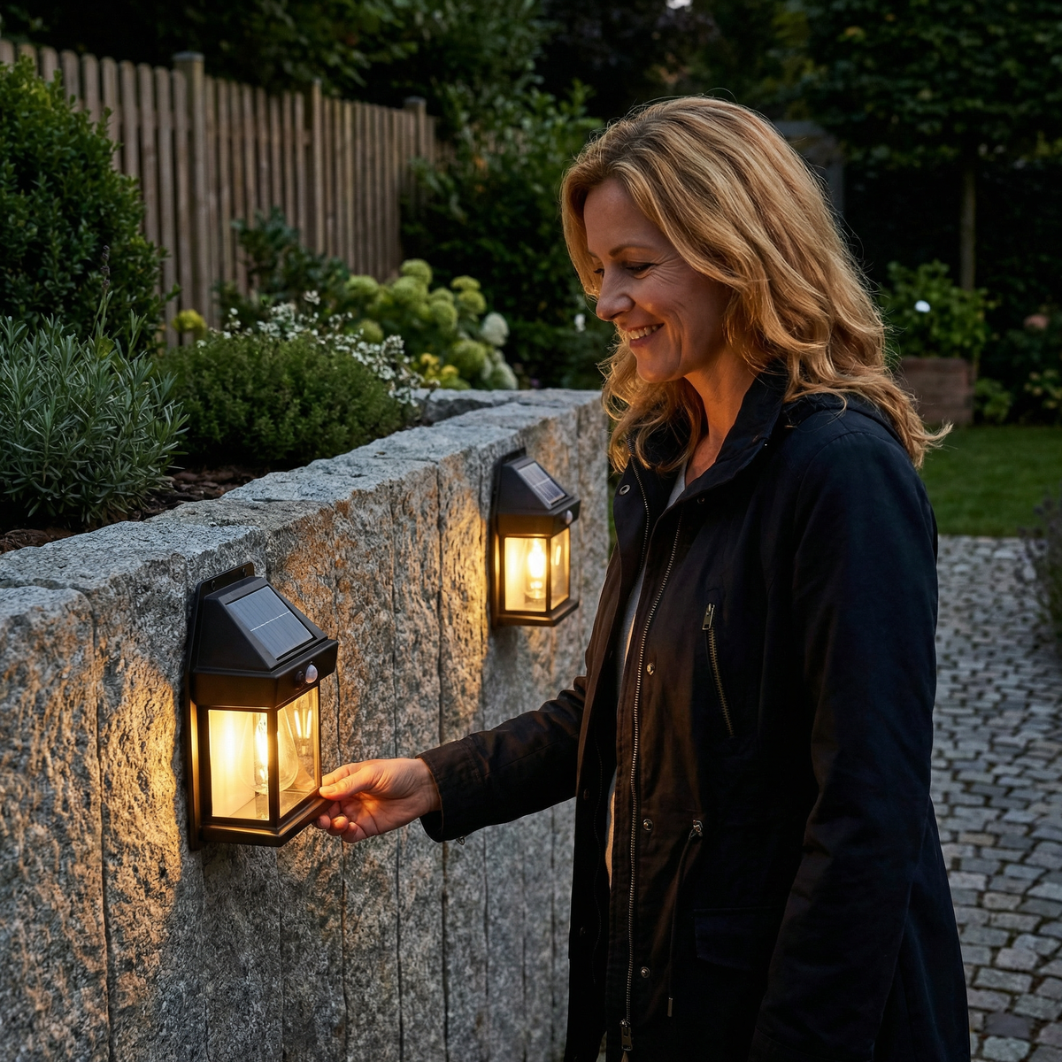Solar LED wall light with motion sensor for garden and fence
