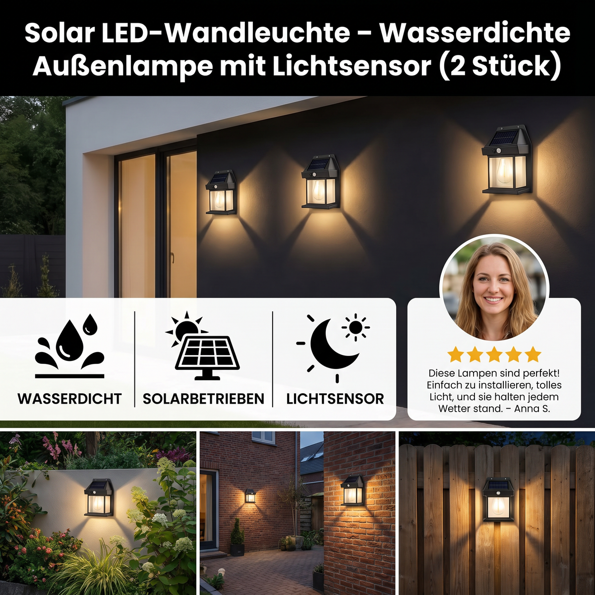 Solar LED wall light with motion sensor for garden and fence