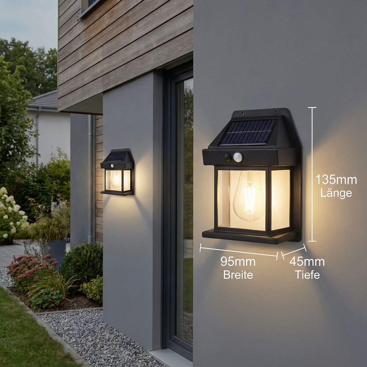 Solar LED wall light with motion sensor for garden and fence