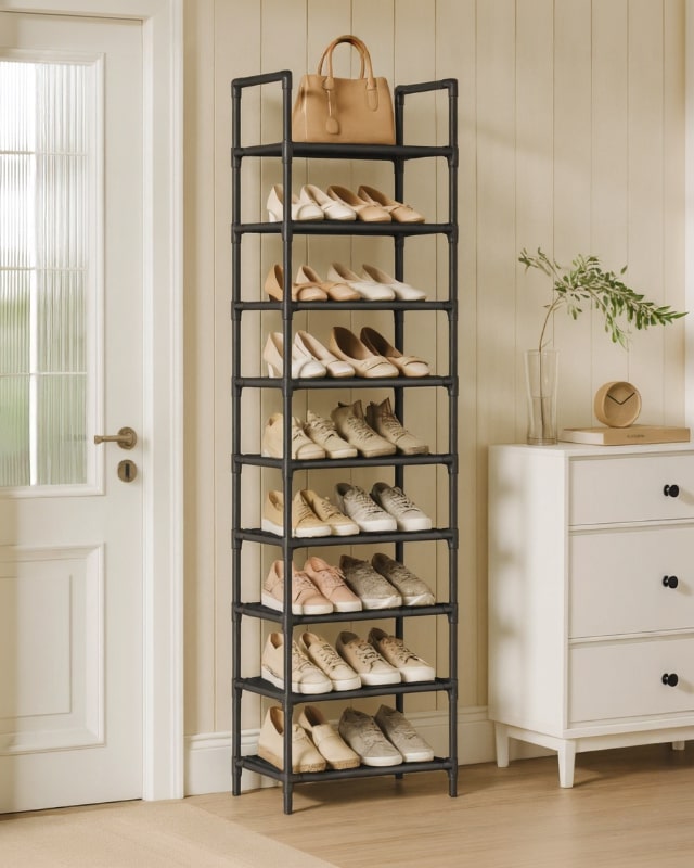 Schmales Schuhregal mit Metallrahmen und 10 Etagen – platzsparend