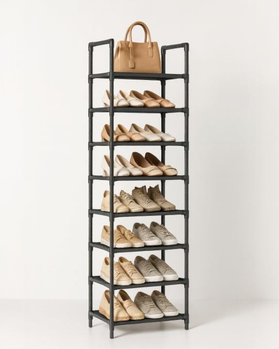 Schmales Schuhregal mit Metallrahmen und 10 Etagen – platzsparend