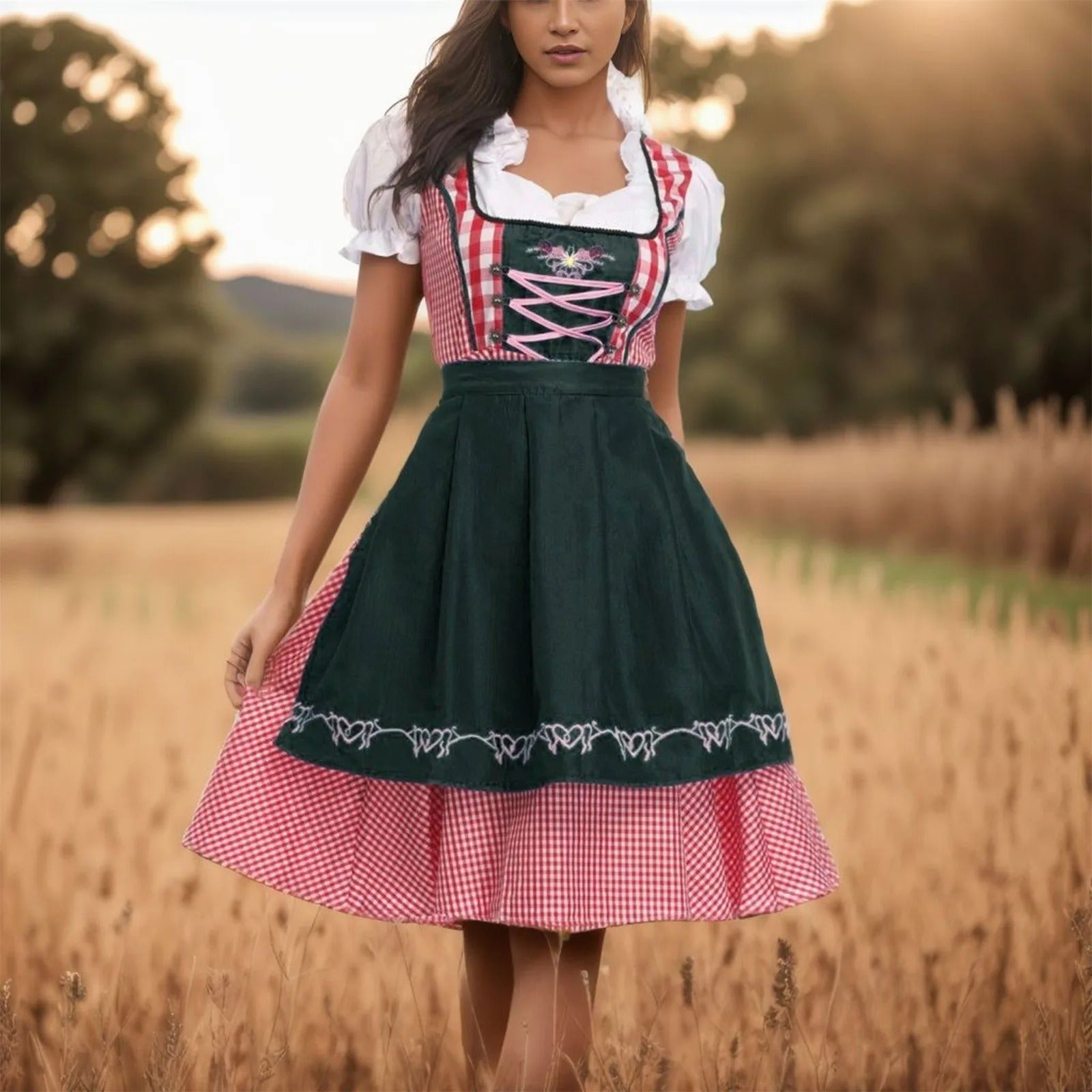 Damen Dirndl Kariert mit Schürze und Bluse – Oktoberfest Set