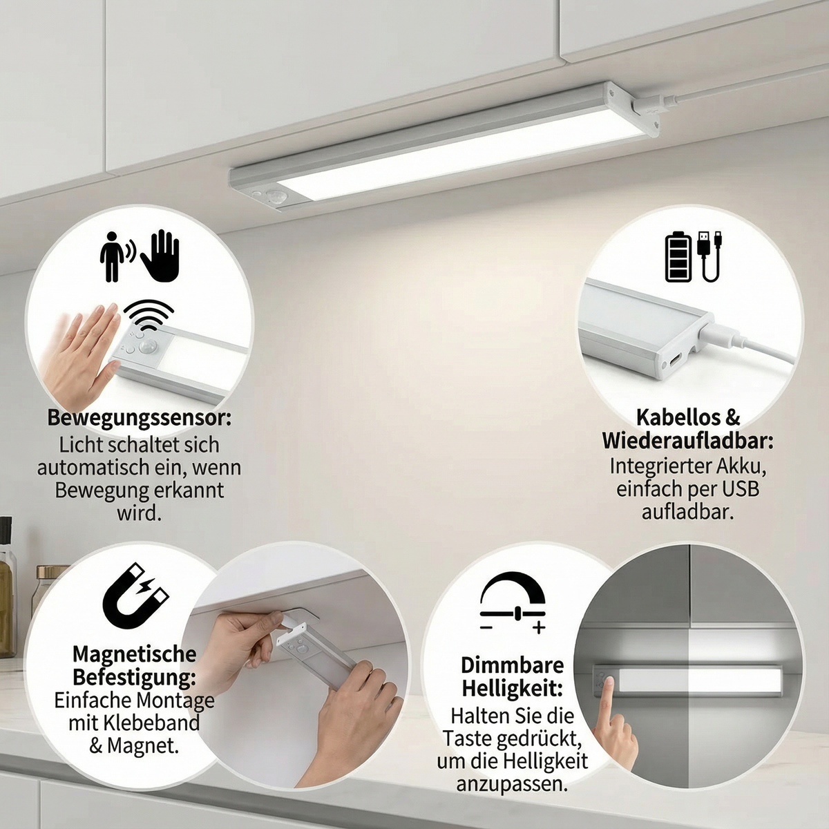 Wireless LED under-cabinet light with motion sensor