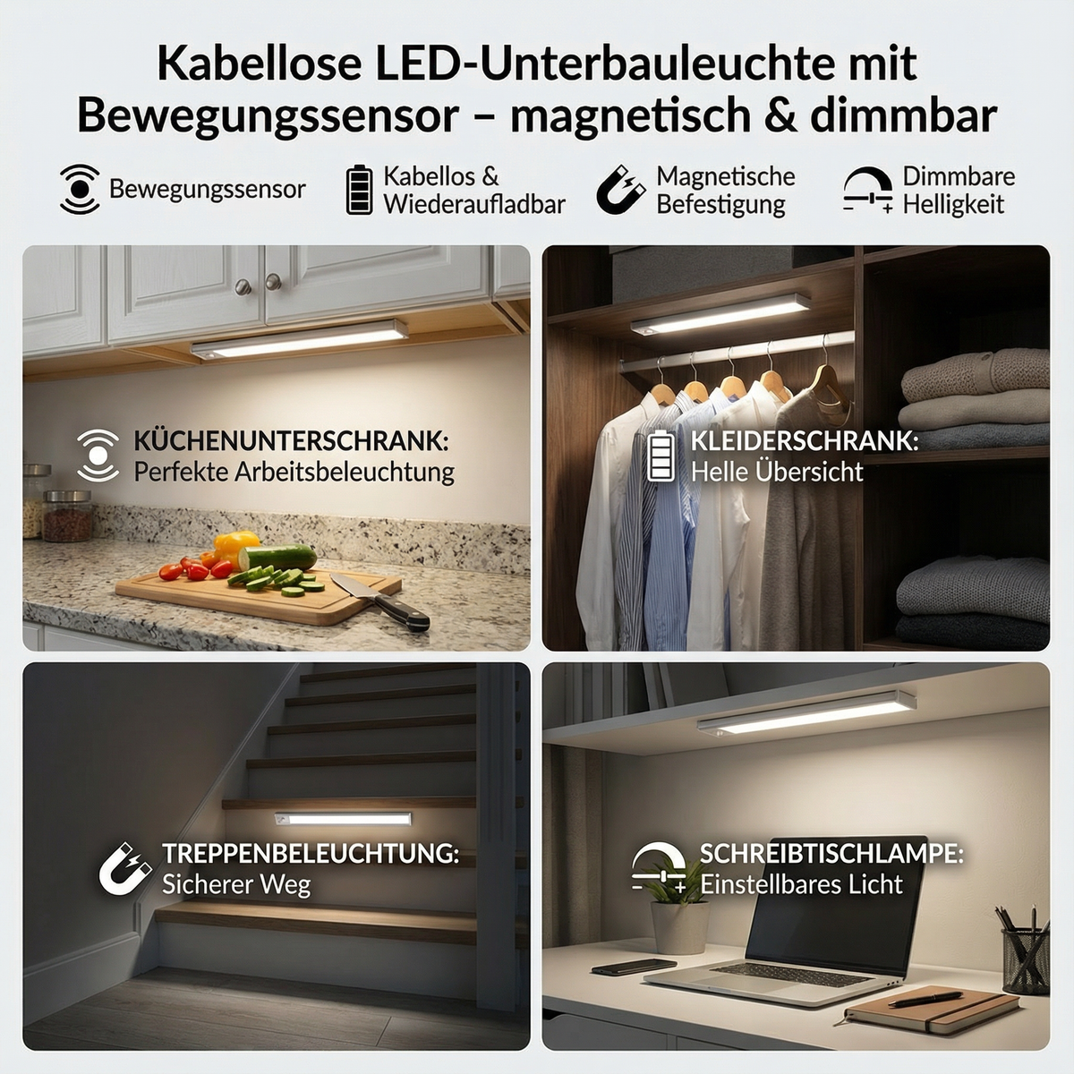 Wireless LED under-cabinet light with motion sensor
