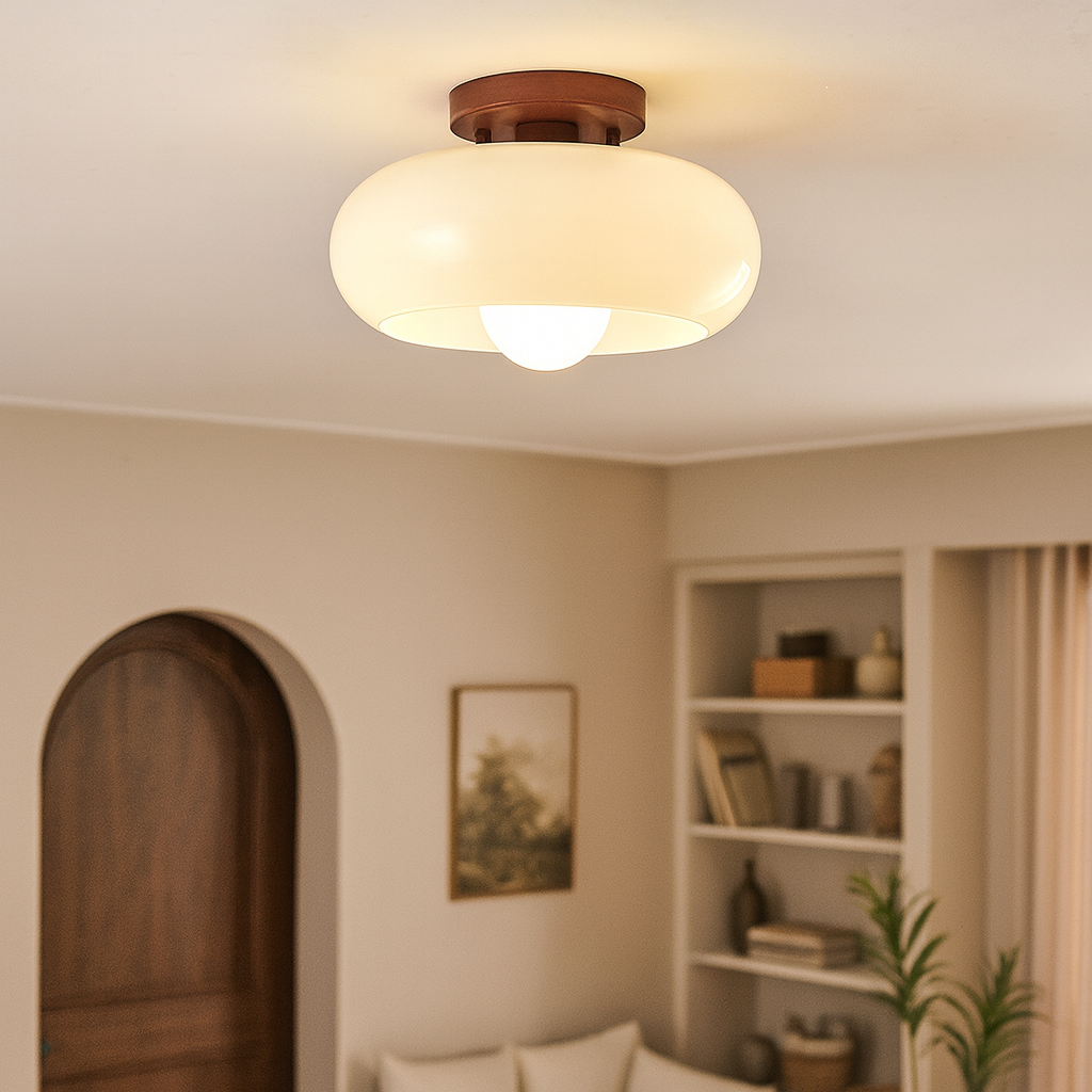 Bauhaus ceiling lamp with wood detail and opal glass shade