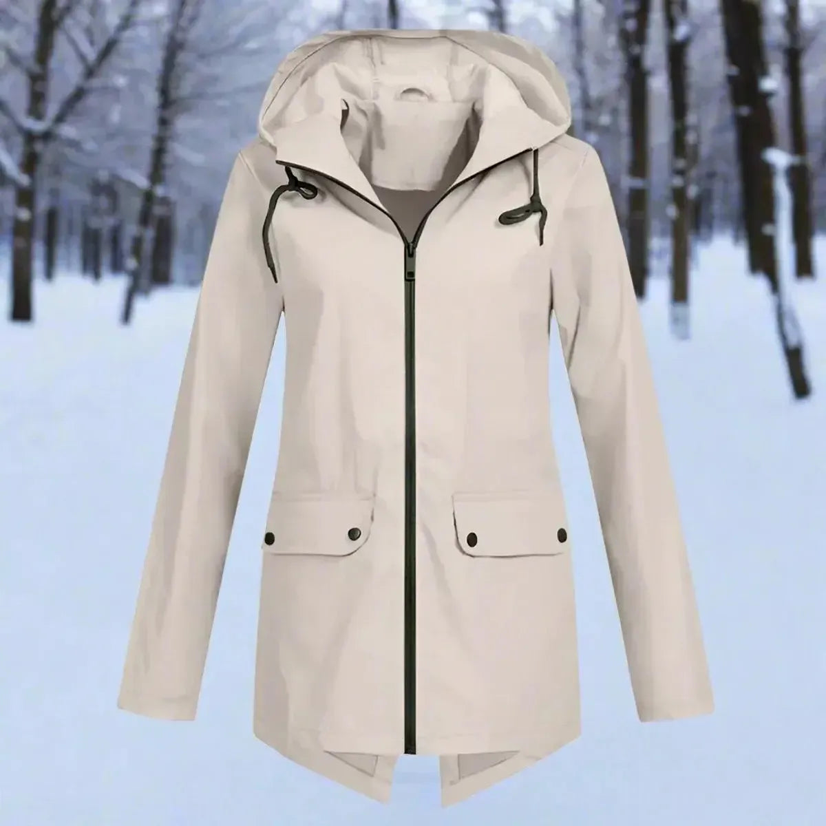 Women's waterproof rain jacket with hood - Longline zipper
